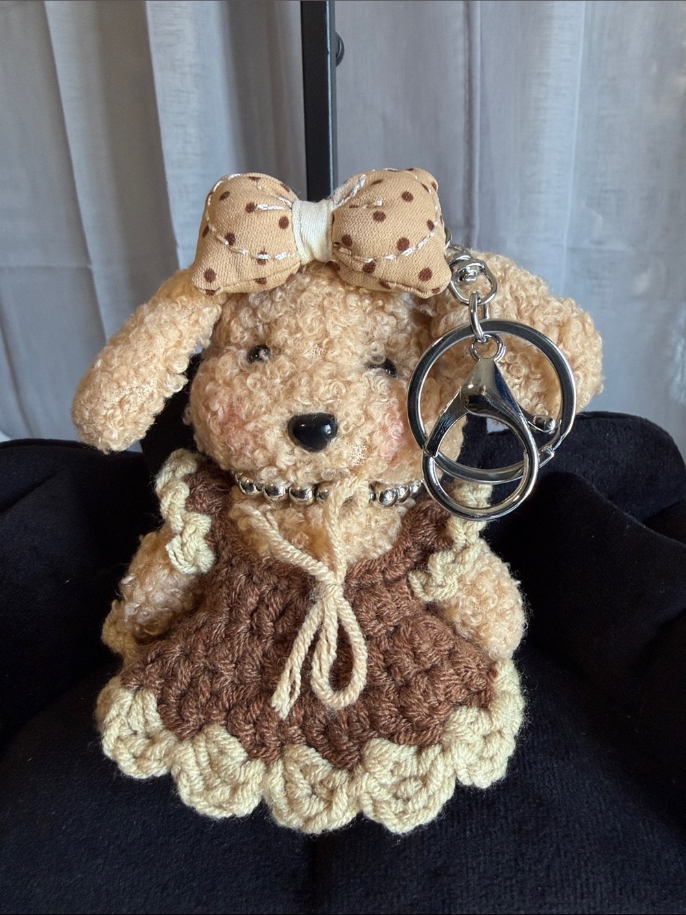Plush Dog Bag Charm Keychain with Brown & Cream Crochet Dress